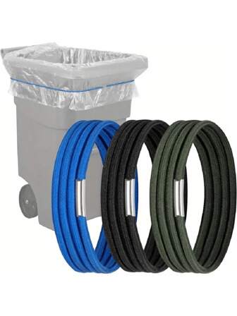 A Set Of 3 Elastic Trash Can LIDS In Three Colors - Suitable For Trash Cans Ranging From 13 To 96 Gallons, Garbage Bag Holders For Home, Office, School And Outdoor Use, Elastic Rubber Straps, Trash Cans, Household Items, Colored Sand Table Straps. Back To School