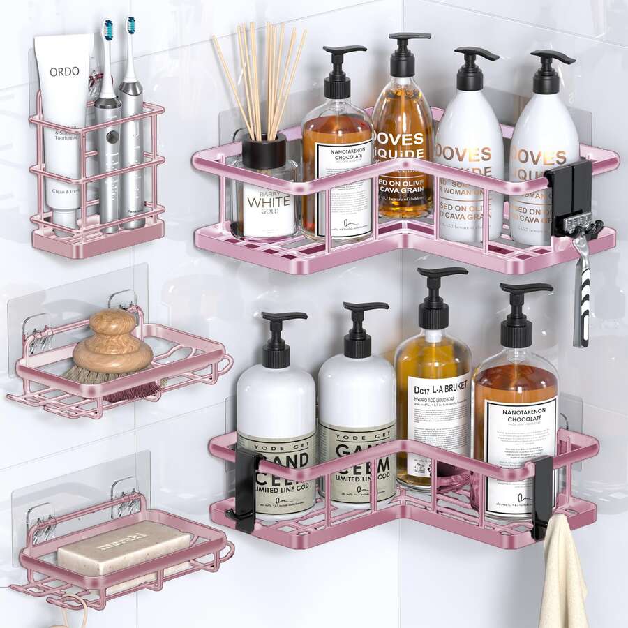 Corner Shower Caddy Organizer, 3-Pack Self-Adhesive Rustproof Bath Shelves With Soap Holder & 4 Hooks, Large Capacity Shower Storage Rack For Bathroom Organization - 粉色 - 查看 1