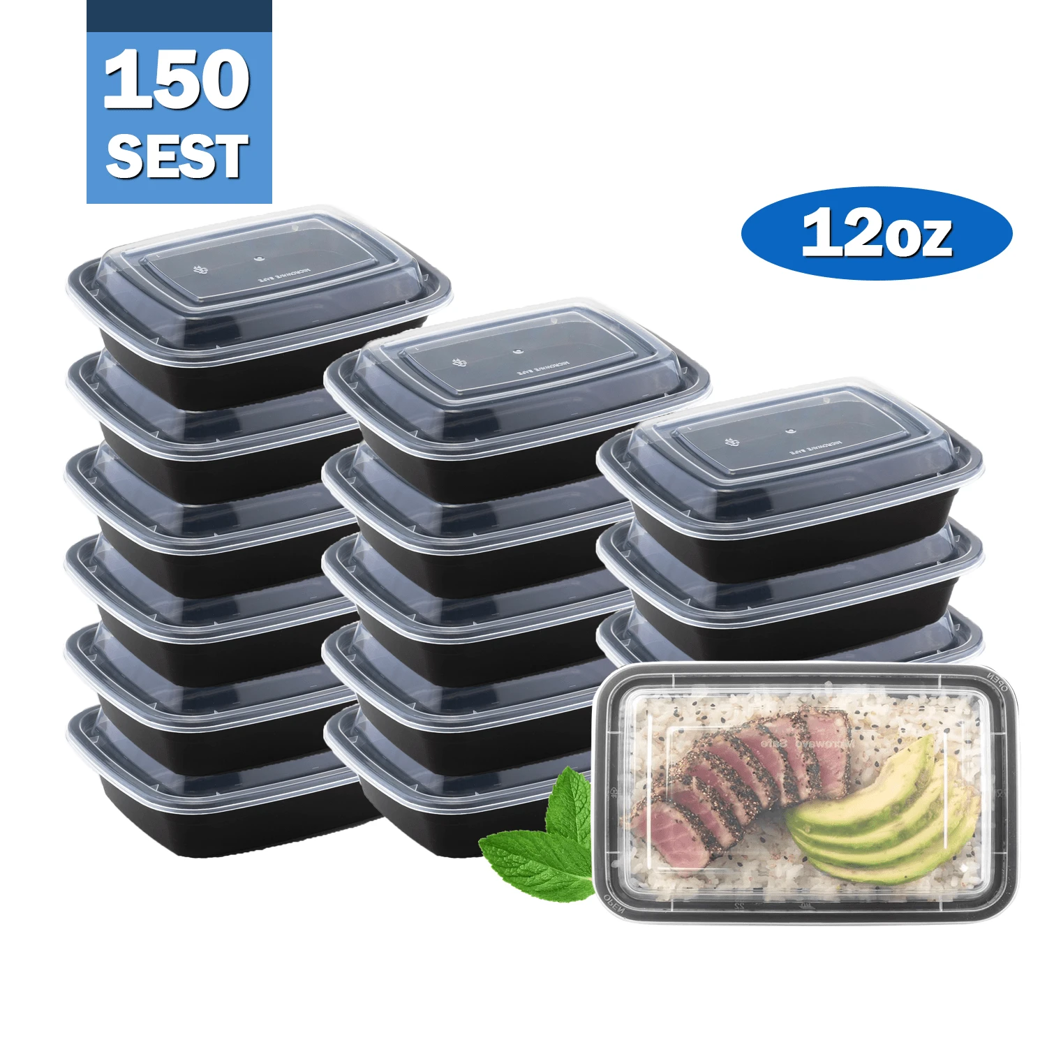 Apsic Meal Prep Containers, 150 Pack 12oz Disposable Take Out Food Storage Containers With Leakproof Lids, Reusable Plastic To Go Lunch Boxes,  Microwave/Dishwasher/Freezer Safe - Black - View 1