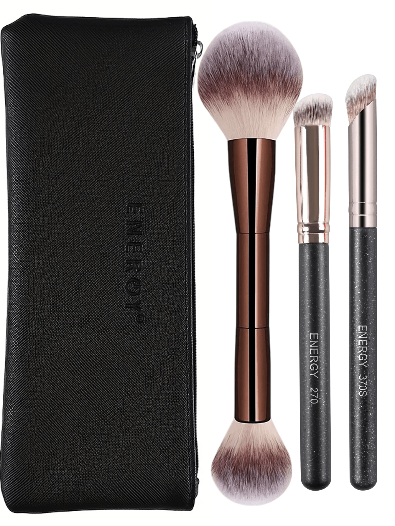 ENERGY 3PCS Fluffy & Angled Makeup Brush Set With Black Pouch, Soft Bristles For Powder, Contour & Eye Blending - Multicolor - View 1