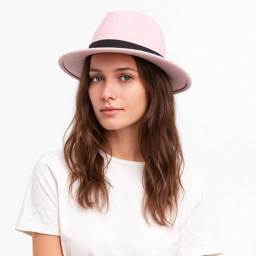 Classic Felt Fedora Hat With Medium Straight And Stiff Brim - 淺粉色 - 查看 1