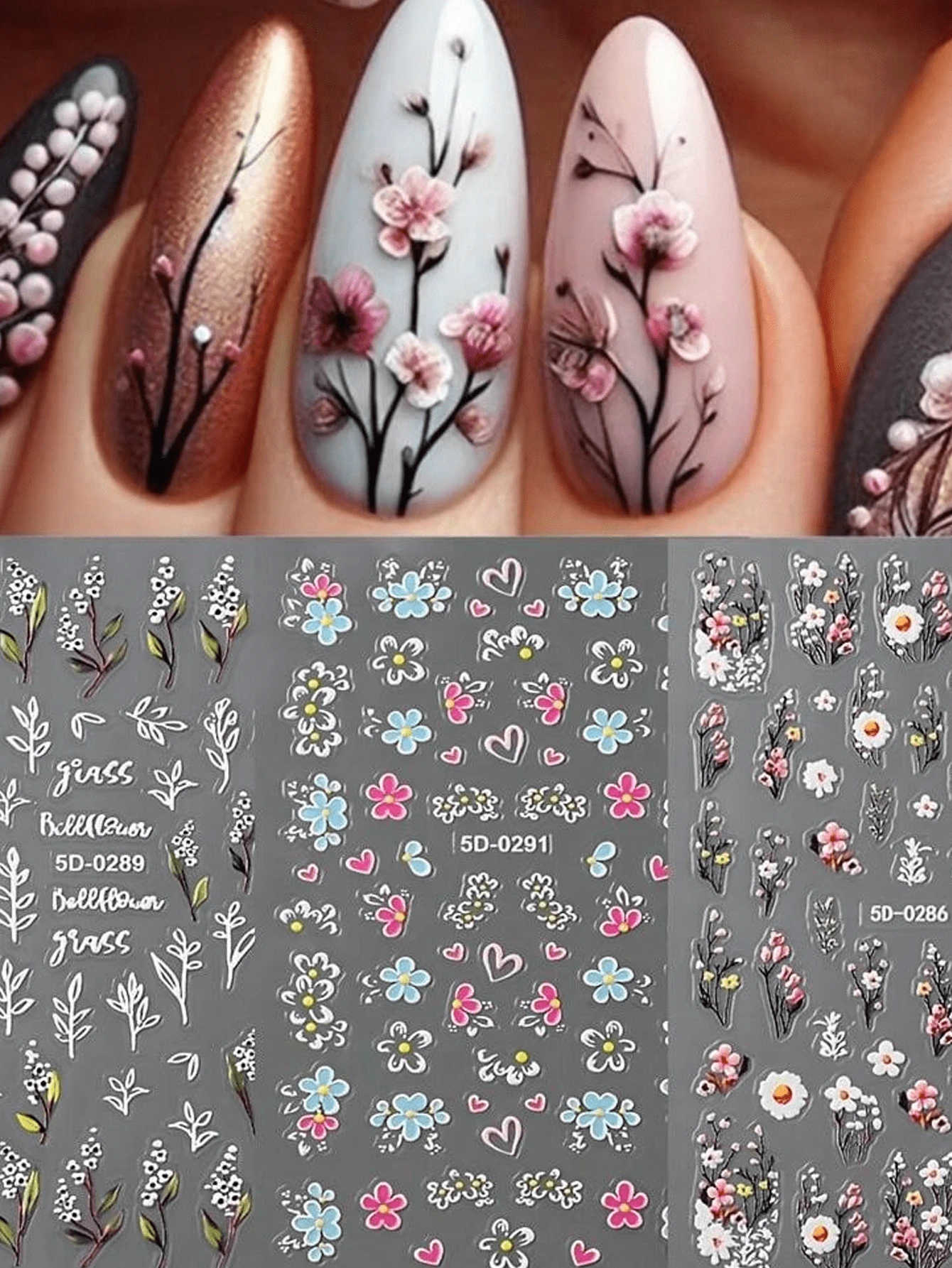 1/2 件，这些浮雕春季野花指甲贴展现了一系列精致细致的花卉图案。精致的花瓣、茎叶和野花都经过精心制作，呈现出栩栩如生、迷人的外观。柔和的粉色、白色和黄色色调的组合，为您的指甲带来春天的清新活力。 - 彩色 - 查看 1