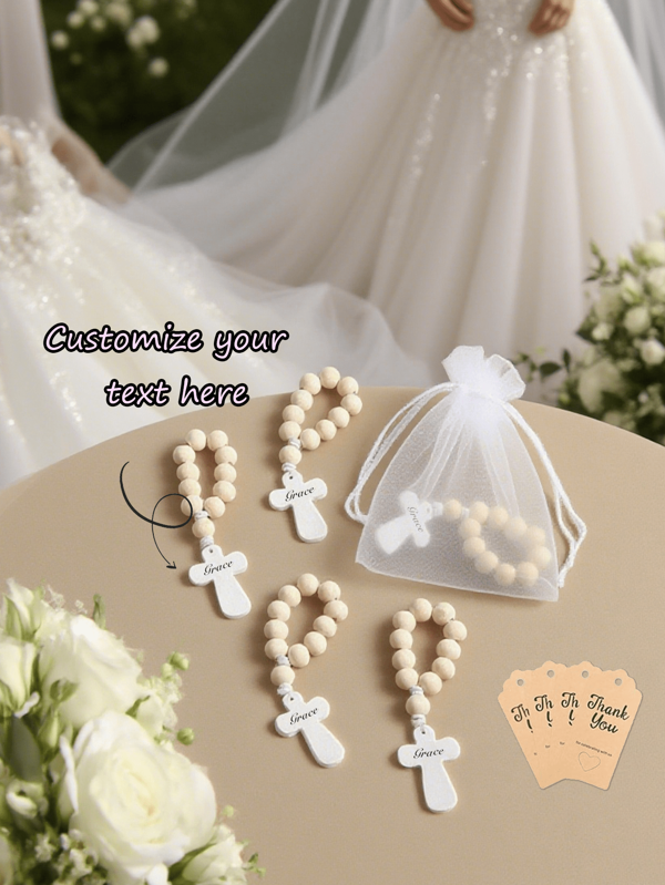 1 pieza Pulsera de cuentas personalizada, se puede personalizar con texto/nombre, cuentas redondas de madera, viene con bolsa de organza blanca, regalo de comunión, cuentas de rosario, adecuado para regalos de cumpleaños, aniversario, Día de San Valentín para novio, novia, esposo, esposa