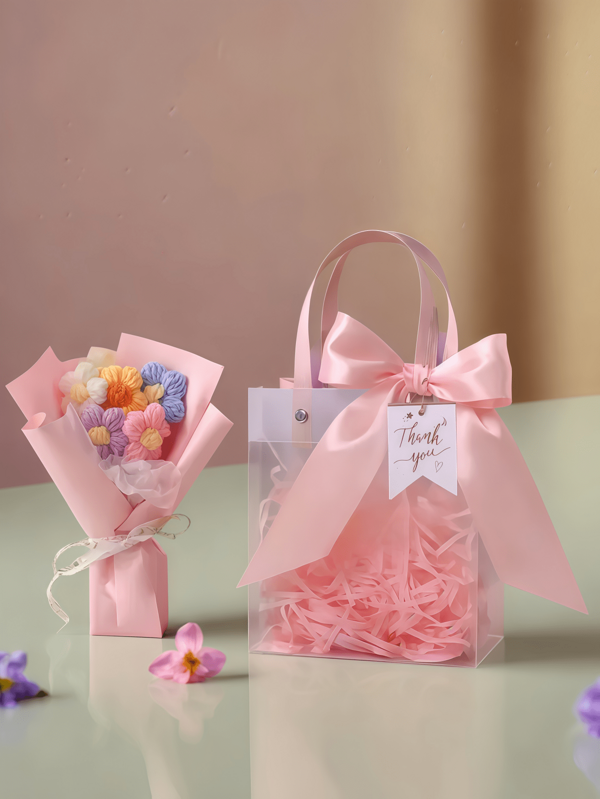 قطعة واحدة 18*14*2 سم باقة صغيرة مصنوعة يدويًا بالكروشيه - أزهار قماش فقاعي ملونة بأربعة ألوان، ديكور منزلي، هدية ديكور الغرفة، حقيبة يد سميكة مطفية مع ملصق شكر وشريط، هدية للمعلم - مثالية للاستخدام الداخلي والخارجي والمواعدة والحفلات والمهرجانات والمنزل والمكتب وعيد الأم وعيد الأب والكريسماس والتخرج وعيد الشكر وعيد الحب والزفاف وعيد المعلم، هدية مثالية للعائلة والمعلمين والأقارب والأصدقاء