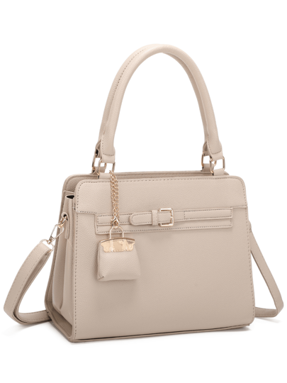 Bolsa Satchel Estruturada com Divisória Tripla, Estilo Clássico para Trabalho com Pingente de Mini Bolsa de Mão e Ombro com Múltiplos Compartimentos, Bolso Traseiro com Zíper e Alça Transversal Removível