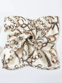 1pc New Printed Bandana With Chain Clasp,50cm Silk-Like Small Square Scarf, Women Casual Funny Dress Up Party Headscarf, New Year Gift, Versatile Accessory For All Seasons, Hair Accessories Fall Winter Headbands For Women Hair Band For Vacation Outfits Woman - Beige - View 2