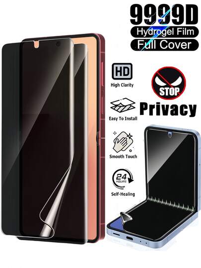Película protetora de tela macia, antiespionagem e antiespionagem de hidrogel, 2 unidades, compatível com Samsung Galaxy Z Flip 7, Z Flip6, ZFlip5, ZFlip4, ZFlip3, tela frontal ultraclara, proteção de privacidade lateral, toque suave e suave, resistente a arranhões, sem poeira, à prova d'água, resistente a impressões digitais e arranhões
