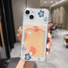 Blue Flowers Shells Ribbons Pattern -Slim Clear Phone Case With Card Holder For IPhone11/12/13/14/15/16 Pro- Minimalist Wallet Replacement - Lightweight Design|Good Gift For Friend - Clear - View 5