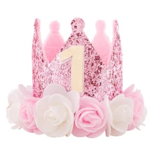 1st Birthday Crown Headband For 1-6 Years Old Baby Girls, Gold & Pink Princess Party Flower Decor Gift