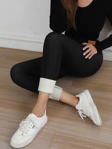 Mallas térmicas forradas para mujer, de cintura alta, unicolor, ajustadas, para uso casual al aire libre, invierno, con forro polar - Negro - Ver 6