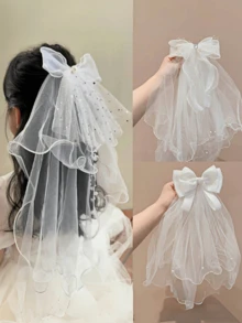 1件新款白色婚纱头纱发夹，少女婚礼发夹，女孩珍珠网纱头饰，婚礼伴娘头饰，适合婚礼、演出、派对等场合，优雅发饰 - 白色 - 查看 3