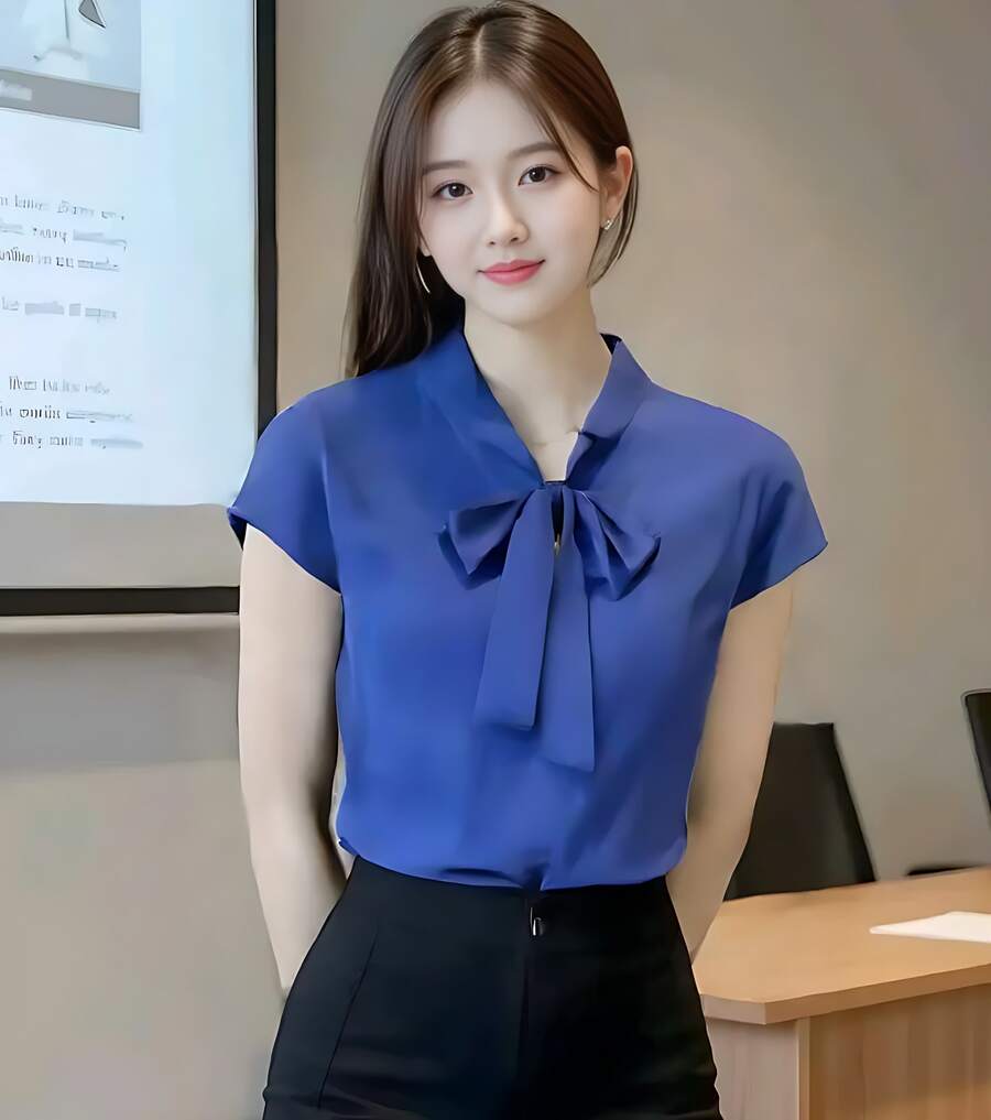 Women's Short Sleeve Formal Shirt With Bow Tie - Elegant Tailored Blouse, Korean Style, Office Look, Knot - Xanh đậm - Xem 1