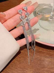 1 Pair Long Heart Rhinestone Tassel Earrings - Silver - View 3
