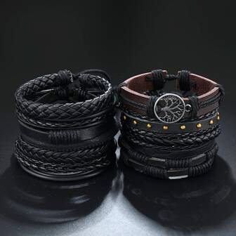 10 pièces/set Bracelet tressé multicouche, bracelet en PU noir chic à motif arbre de la paix, accessoires vintage combinés pour hommes et femmes