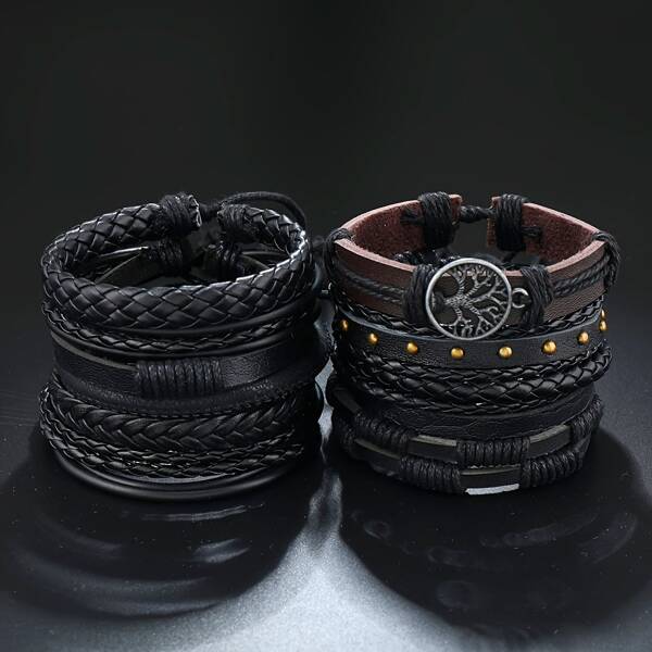 10pcs/Set Multi-Layer Braided Bracelet, Peace Tree Black Chic PU Leather Bracelet, Vintage Combination Accessories For Men & Women