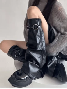 polve 皮革暖腿套、女士拉链靴套、绑带裤暖腿套、Subculture靴筒套、Y2K皮革暖腿套、春秋配饰 - 常規款 - 查看 6