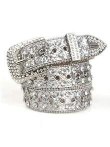 1条纯色朋克摇滚嘻哈街头风水晶镶嵌腰带，高档真皮腰带，适合秋季、万圣节、秋冬季节，适合青少年、青年、男士，休闲、户外、运动、度假、毕业礼物、生日礼物、日常佩戴