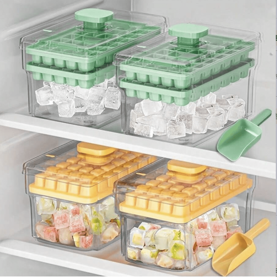 68-Slot Double Layer Pressing Ice Cube Tray With Storage Box - Freeze Beer, Cocktails And Fresh Fruits, Durable Green And Yellow Plastic Kitchen Utensil, Refrigerator Ice Cube Tray