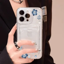 Blue Flowers Shells Ribbons Pattern -Slim Clear Phone Case With Card Holder For IPhone11/12/13/14/15/16 Pro- Minimalist Wallet Replacement - Lightweight Design|Good Gift For Friend - Clear - View 6