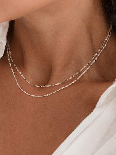 1pc Stainless Steel Double Layer Chain Necklace, Fashionable Minimalist O-Shape Beaded Layered Choker Necklace, Versatile Lightweight Luxury Necklace Suitable For Women And Girls