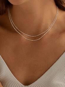 1pc Stainless Steel Double Layer Chain Necklace, Fashionable Minimalist O-Shape Beaded Layered Choker Necklace, Versatile Lightweight Luxury Necklace Suitable For Women And Girls
