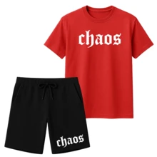 Conjunto Masculino Chaos Estampa Camiseta 100% Algodão + Short  Masculino Verão Kit 2 Peças Lançamento - Vermelho - Visão 2