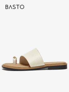 BASTO 休闲波西米亚风格 PU 凉鞋，适合海滩、度假、通勤、户外、四季皆宜，米色平底 - 米色 Flat sole - 查看 6
