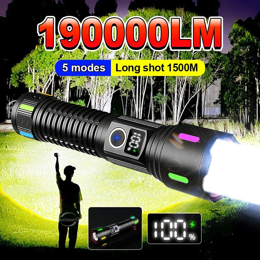 190000LM Super Bright Flashlight Outdoor Zoom Powerful LED Torch 18650 USB Rechargeable Flashlight Waterproof Camping Hunting Lantren
