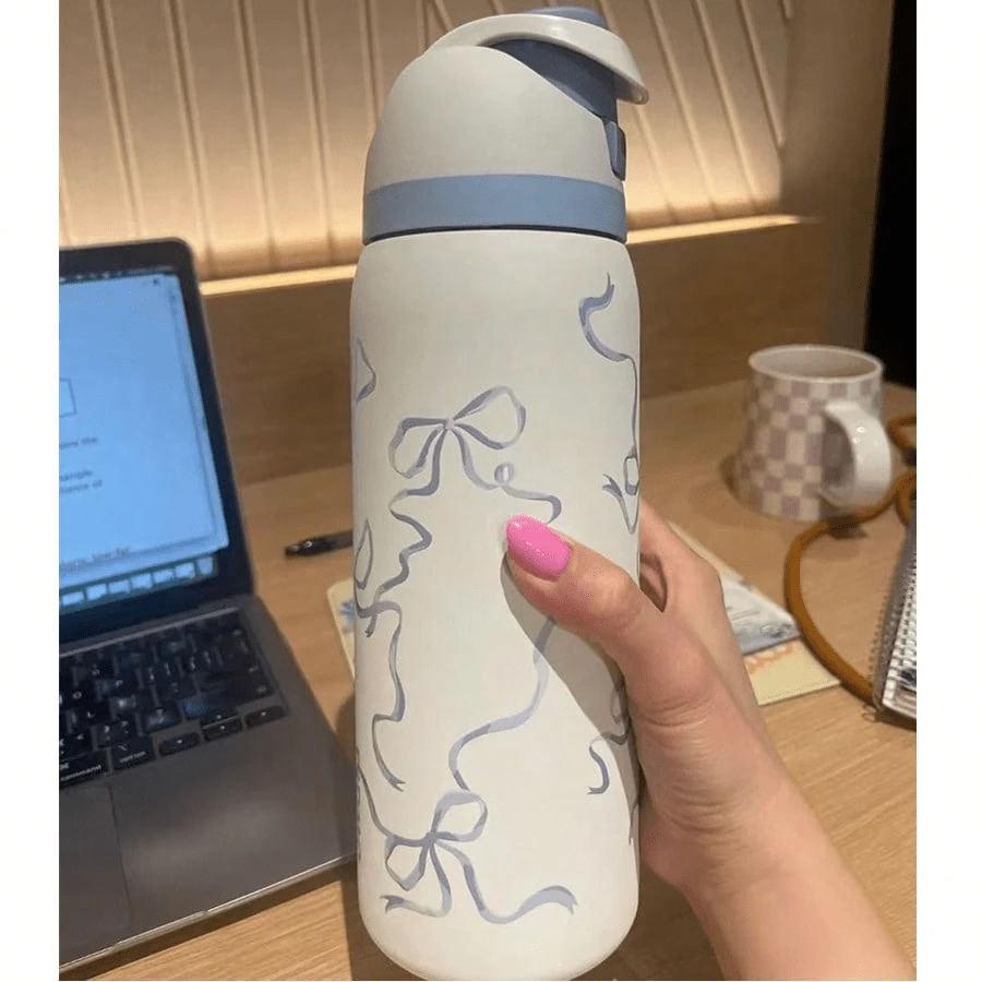 O-Wal-A Vacuum Flask With Straw 24oz/32oz,Can Be Used For Outdoor Sports, Heat Preservation Time Cold And Hot Water Can Be Insulated, Frozen Drinks, Beautiful Appearance, Exquisite Workmanship, Suitable For Camping, Work, Indoor Use. - Nơ hồng - Xem 1