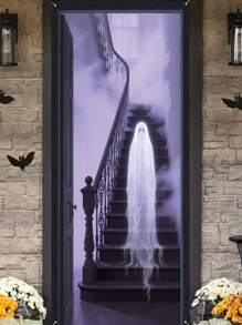 2D 万圣节鬼门横幅、恐怖鬼万圣节门装饰、万圣节门装饰、万圣节派对横幅、用于前门廊、万圣节派对用品、恐怖装饰背景板。