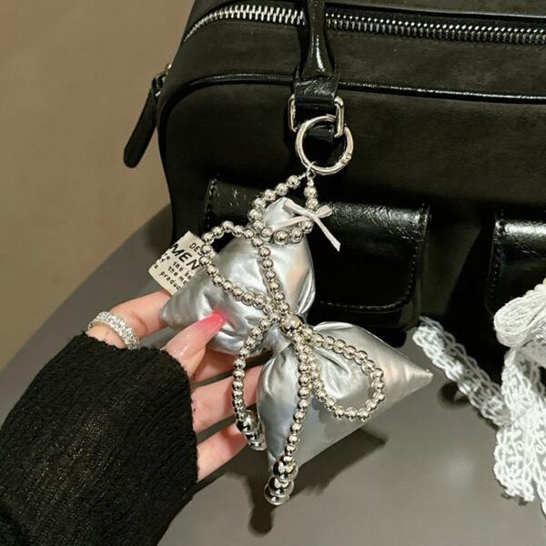 1 Beaded Down Bow Accessory, Silver Beaded Bow, Heart-Shaped Keychain, Bag Pendant, Suitable For Daily Life, Gatherings, And Festival Gifts
