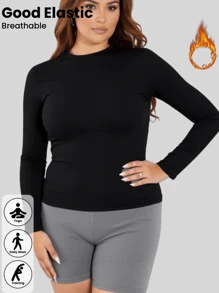 1 件女士加大码纯色时尚圆领长袖，适合休闲、运动、打底、加大码 T 恤，秋冬