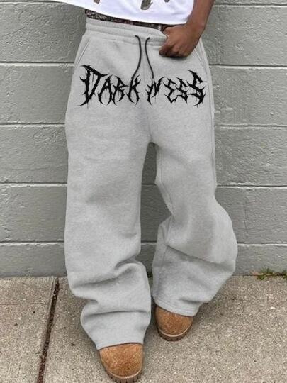Herren Gothic Stil DARKNESS Buchstaben Muster Straight Leg Jogginghose, Loose Fit, Streetwear Lässig, Bequem, Geeignet für Fitnessstudio Workout, Ganzjährig, Emo
