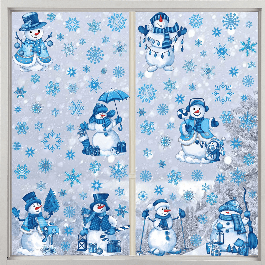 9 piezas de calcomanías de ventana con muñeco de nieve y copos de nieve vintage con brillo, calcomanías de cling estático de PVC de 2 milésimas de pulgada de grosor, decoración navideña reutilizable con acabado brillante, calcomanías de ventana navideñas de polietileno clorado con detalles brillantes - fáciles de instalar con cling estático