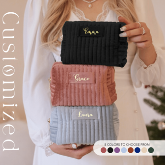 Personliga sminkväskor i sammet, brudtärnepresenter, sminkväskor i sammet, necessärer för resor, bröllopspresenter, presenter till kvinnor, julklappar.