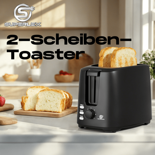SUPERLEX 2-Scheiben-Toaster, 750 W, schnelles Aufheizen, mit kurzem Schlitz, Aufwärmen/Auftauen/Abbrechen, LED-Anzeige, 7-stufige Geschwindigkeitseinstellung, herausnehmbare Krümelschublade für einfache Reinigung, Mattschwarz