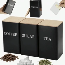 3/1 件装锻铁罐，带竹盖，密封厨房储物容器，用于咖啡、糖、茶 - 方形马口铁密封罐，用于整理和食品储藏室展示、厨房储物、食品储藏、房间装饰，适用于厨房、餐厅、派对、露营、聚会、送给朋友、家人的礼物、返校用品 - 黑色 - 查看 15