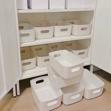 10 piezas Cestas de almacenamiento de plástico blanco con asas - Cajas organizadoras apilables y duraderas para baño, cocina, dormitorio, oficina - Organización multiusos para el hogar para cosméticos, snacks, papelería y talla grande, cestas de almacenamiento para organizar