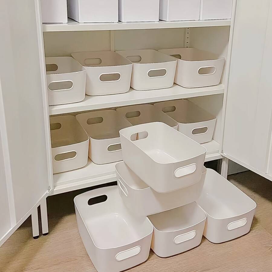 10 piezas Cestas de almacenamiento de plástico blanco con asas - Cajas organizadoras apilables y duraderas para baño, cocina, dormitorio, oficina - Organización multiusos para el hogar para cosméticos, snacks, papelería y talla grande, cestas de almacenamiento para organizar