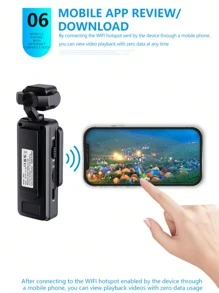 Cámara de acción de bolsillo 4K 1080P, cámara compacta de deportes de alta definición, videocámara portátil con WiFi 4K, grabadora, recargable por USB, rotación de 360°, estabilizador de mano, visión nocturna, adecuada para grabación de vida, viajes, vlogging, transmisión en vivo y aventuras al aire libre - Perfecto como regalo para parejas, vuelta al cole o Pascua