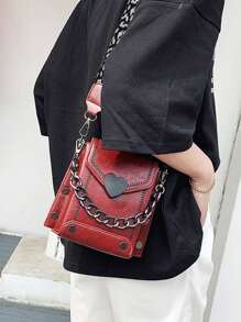 Bolso cuadrado pequeño de moda, casual y elegante con cadena gruesa, decoración en forma de corazón, correa ancha, bolso de hombro y bandolera para mujer, adecuado para citas, compras y viajes