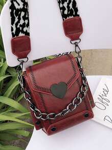 Bolso cuadrado pequeño de moda, casual y elegante con cadena gruesa, decoración en forma de corazón, correa ancha, bolso de hombro y bandolera para mujer, adecuado para citas, compras y viajes