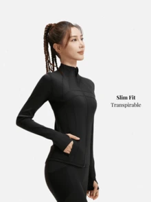 1 pieza Chaqueta deportiva de mujer con agujero para el pulgar, ajuste delgado para correr y yoga - Negro - Ver 1