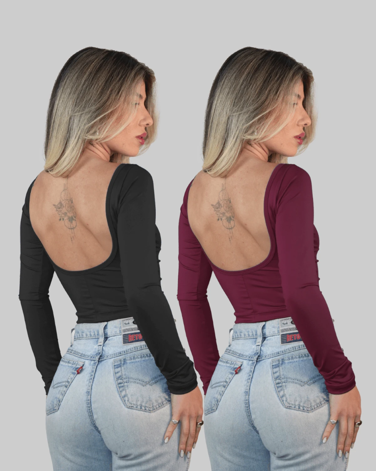 2 Piece Set Women's Cropped T-Shirt, Round Neck, Long Sleeve, Backless, Suitable For Spring And Autumn AITONA - Nhiều màu - Xem 1