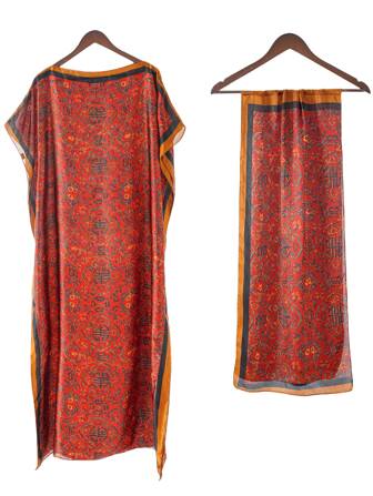 2 pièces Ensemble de foulard en faux soie imprimé rétro élégant et robe longue pour femmes. Protection solaire d'été pour la plage, les vacances et les activités de plein air. Kimono, foulard et châle