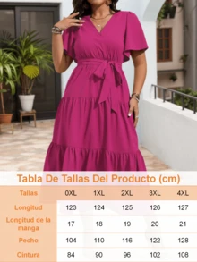 Vestidos Casuales de Talla Grande para Mujer, Vestidos de Cuello En V de Color Liso para Mujer, Mangas Sueltas con Volantes, Vestidos Casuales con Cintura Anudada, Adecuados para Fiestas Y Ropa Informal - Rosa Fucsia - Ver 7