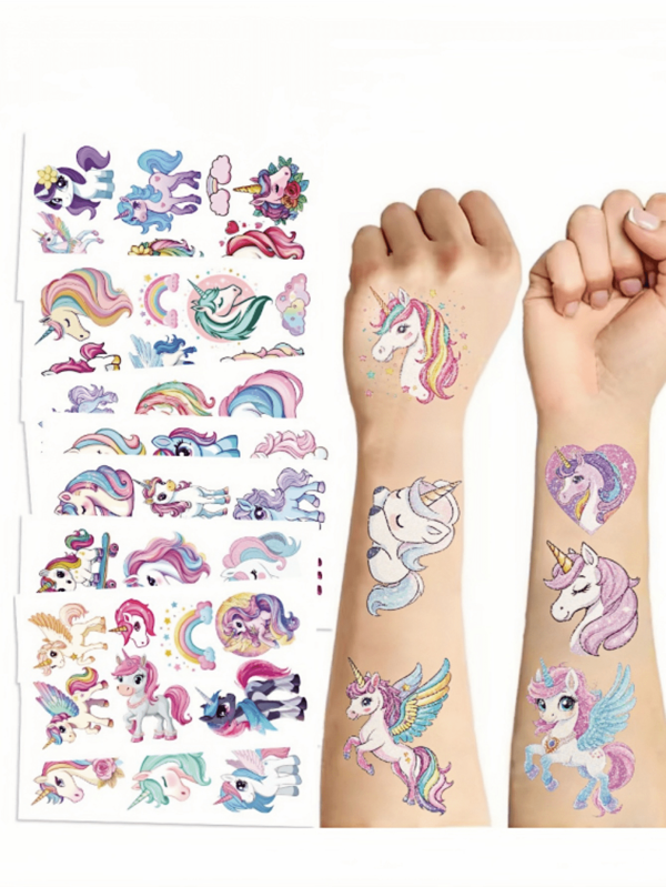 Süße Cartoon Einhorn Jungen Mädchen Temporäre Aufkleber, wasserfeste Fake Körpermalerei Aufkleber rechteckig, hält 2-5 Tage, lustige Arme, Cartoon Mode Y2K Aufkleber