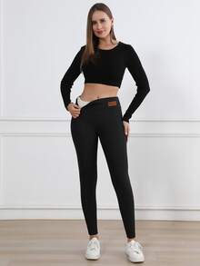 Mallas térmicas forradas para mujer, de cintura alta, unicolor, ajustadas, para uso casual al aire libre, invierno, con forro polar - Negro - Ver 8