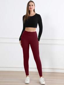 Colanți skinny pentru femei, cu căptușeală termică, groși, de iarnă, cu talie înaltă, 2 buc., vișiniu și negru - Multicolor - Vizualizare 4