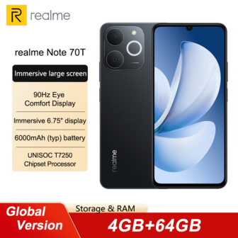  Realme Note 70T 4+64G 4+128G 4+256G 智能手机全球版 6.75 英寸 90Hz 眼部舒适显示屏 6000mAh 大容量电池 紫光展锐 T7250 芯片组 300% 超大音量 13MP AI 摄像头